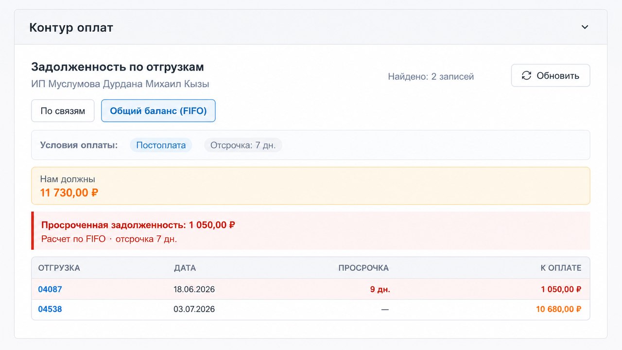 Общий отчёт Контур оплат с фильтрами и итогами